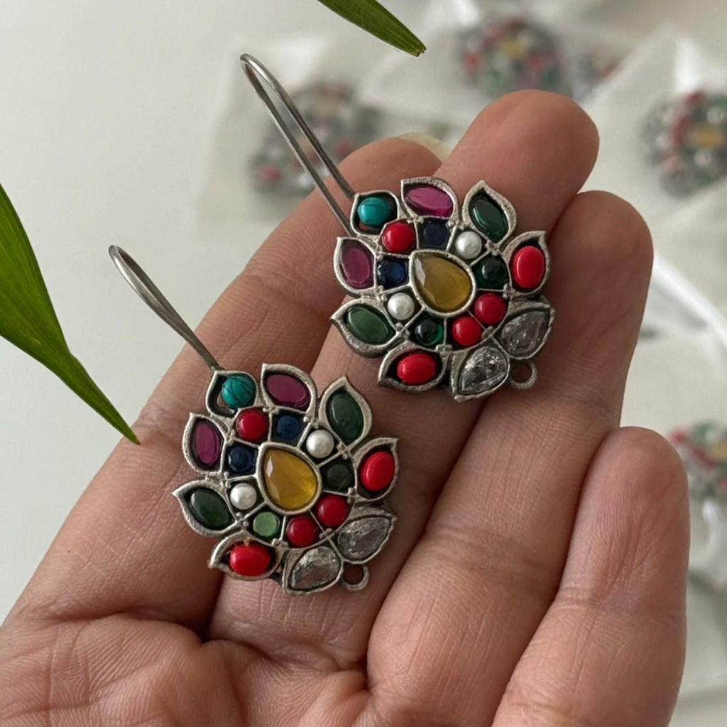 Multicolour Gemstone Flower Earrings | Oxidised Ethnic Hook Earrings