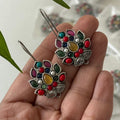 Multicolour Gemstone Flower Earrings | Oxidised Ethnic Hook Earrings