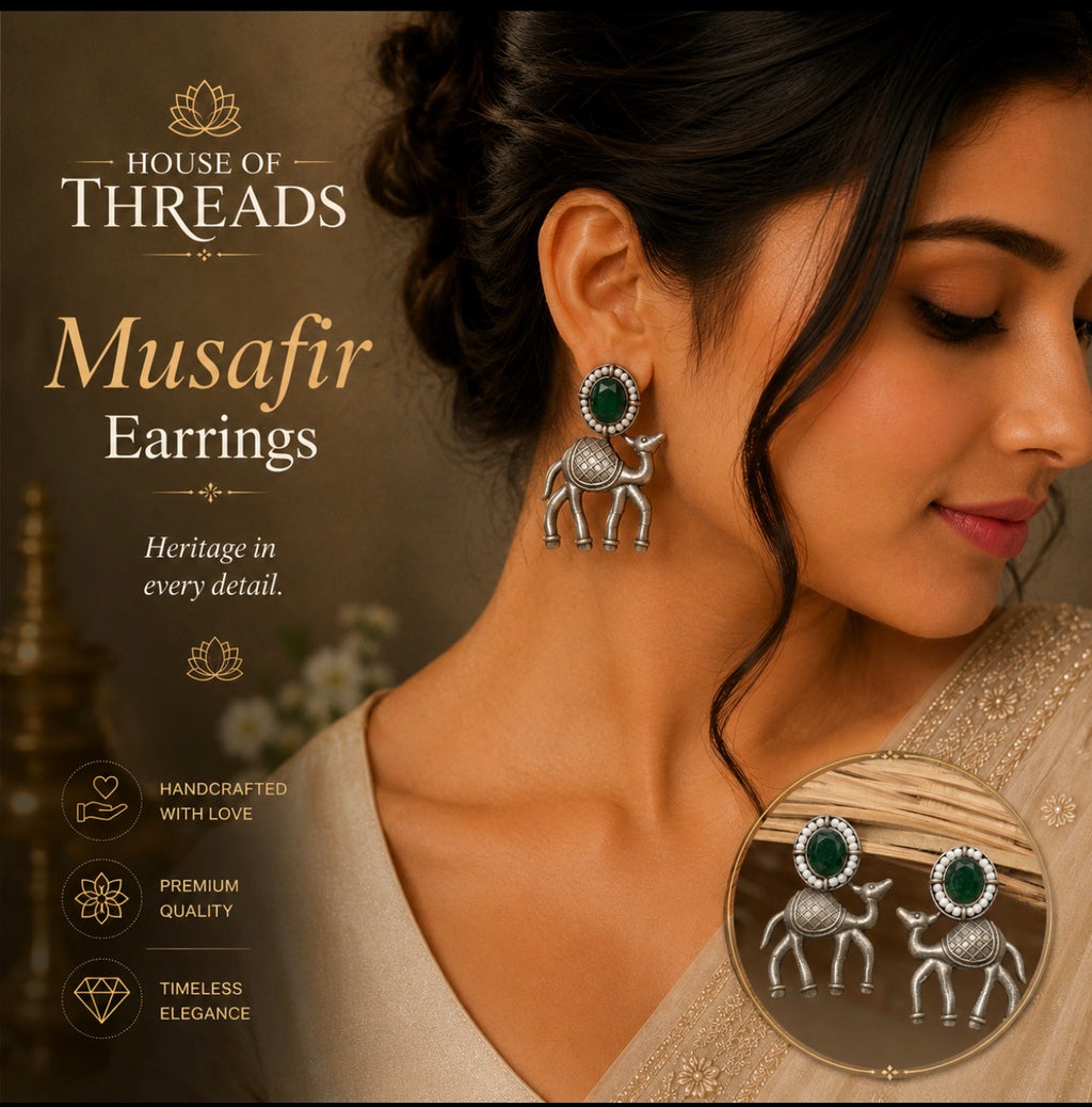 Emerald Green Camel (Musafir) Earrings | Oxidised Silver Ethnic Earrings