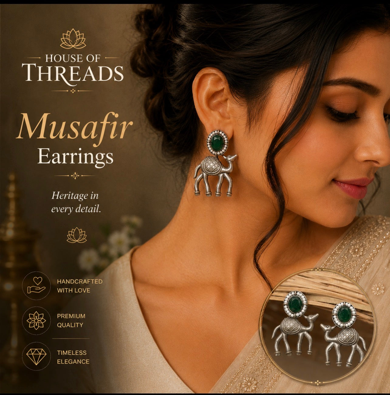 Emerald Green Camel (Musafir) Earrings | Oxidised Silver Ethnic Earrings