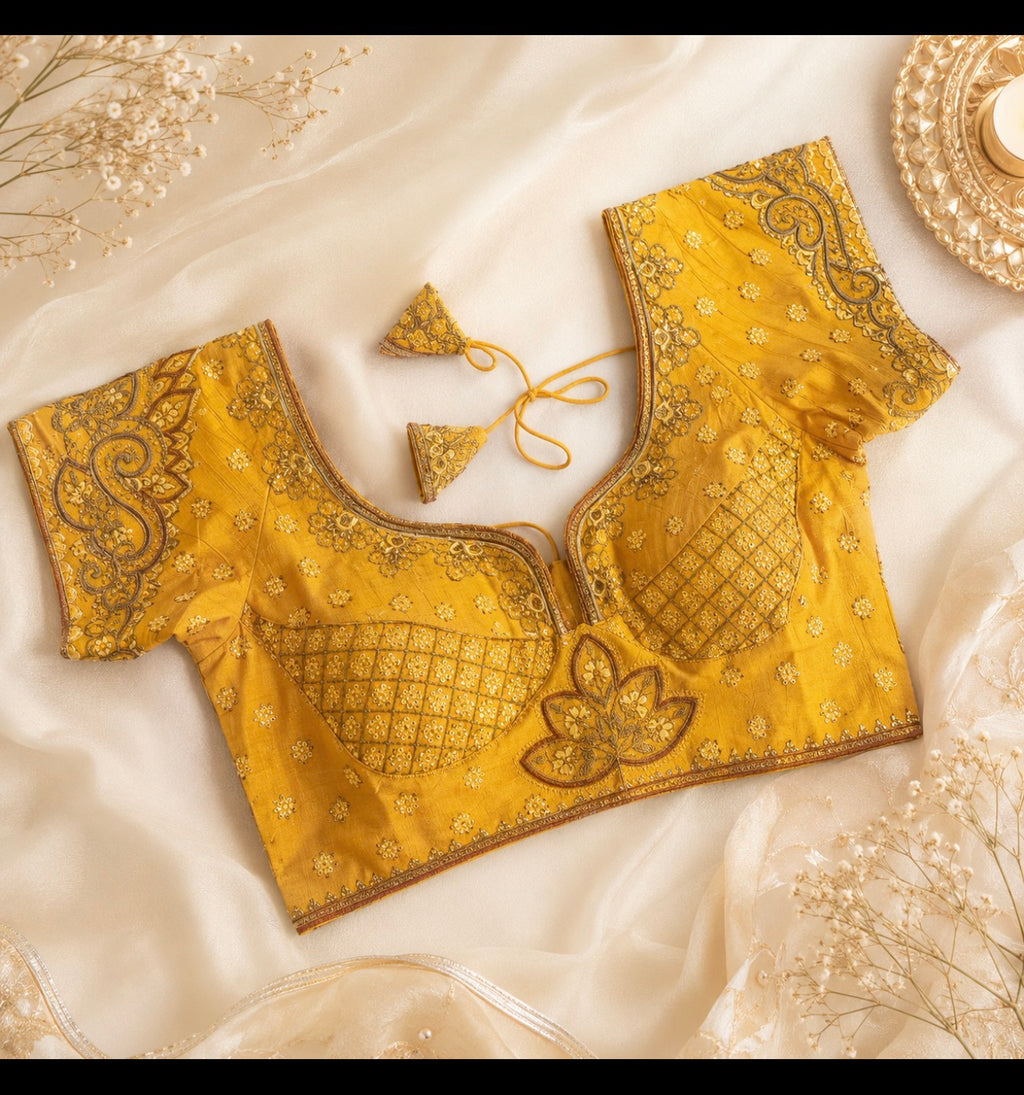 Embroidered mustard saree blouse