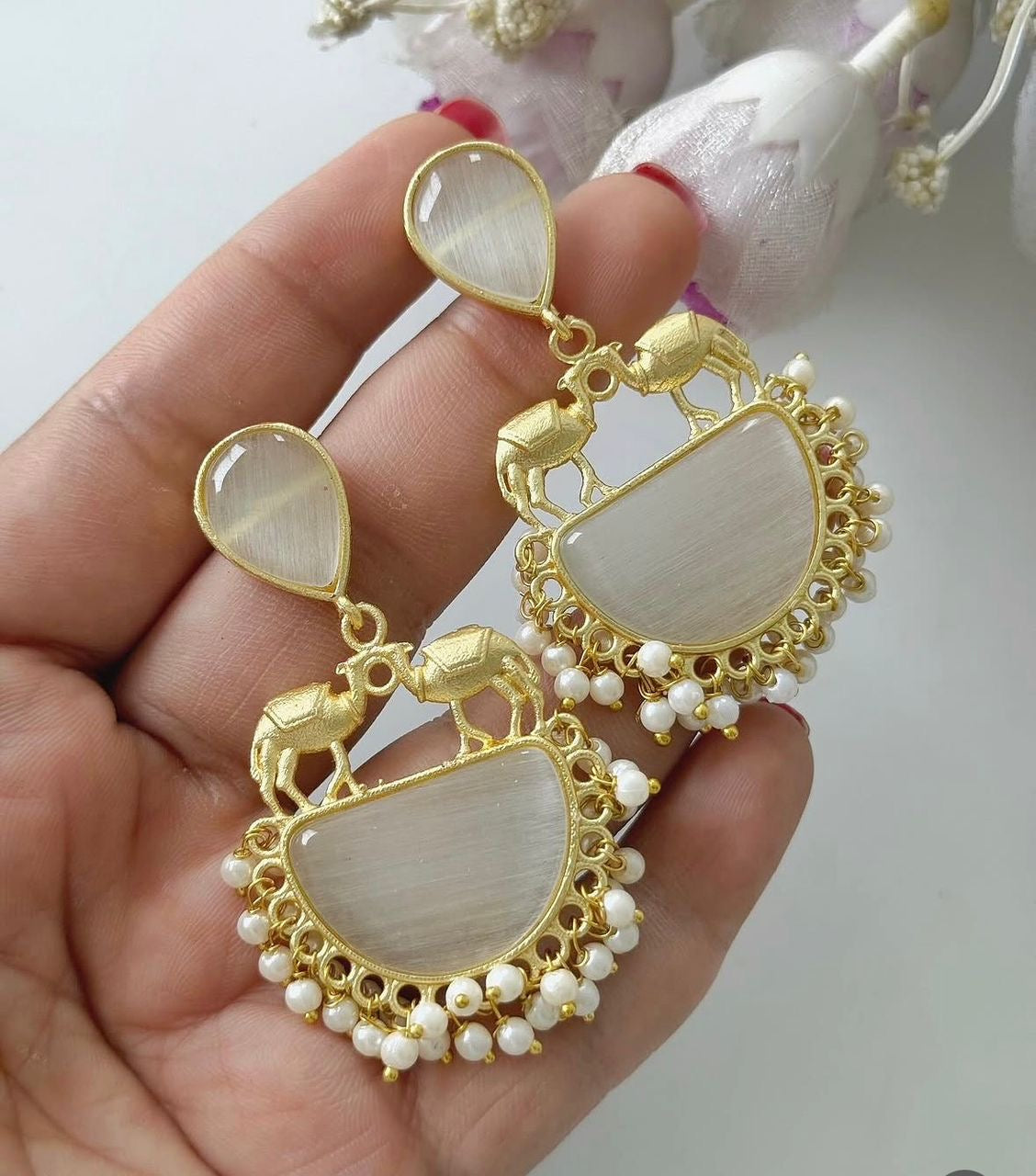 Gold Chandbali Moonstone & Pearl Drop Earrings | Camel Motif Ethnic Earrings
