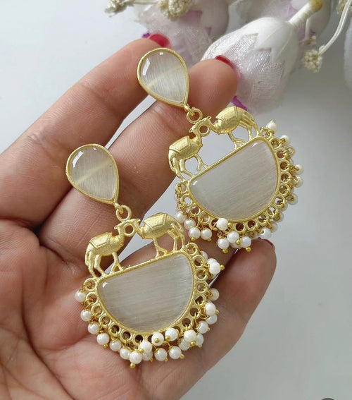 Gold Chandbali Moonstone & Pearl Drop Earrings | Camel Motif Ethnic Earrings