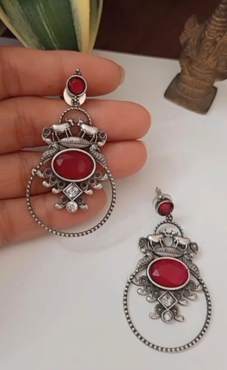 Ruby Red Temple Drop Earrings | Oxidised Silver Filigree Ethnic Earrings