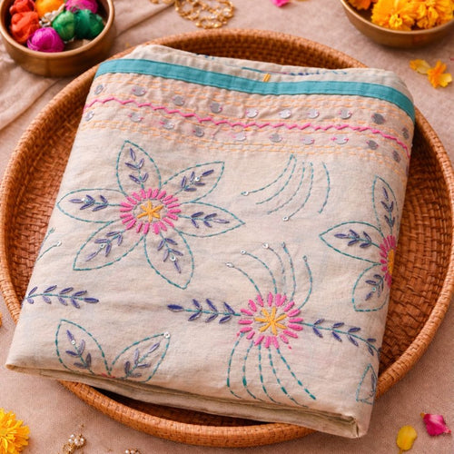 Cream Floral Embroidered Dupatta | Sequin & Teal Border Indian Scarf