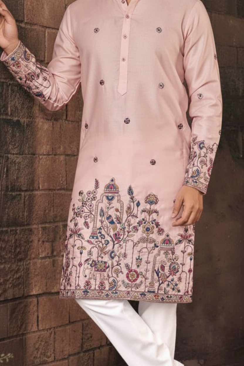 Pink embroidered kurta with white pants against a brown brick wall.