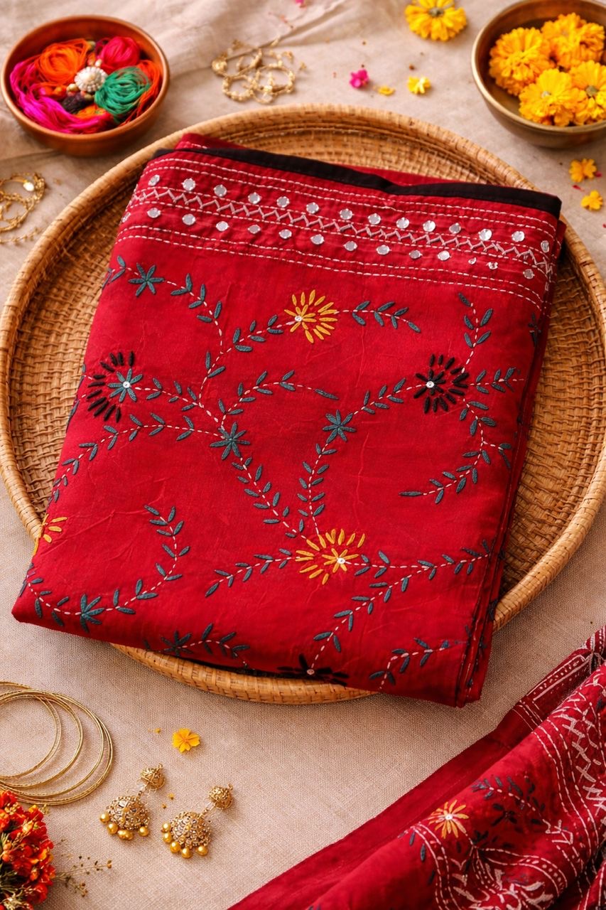 Red Floral Vine Embroidered Dupatta | Sequin Border Bridal Indian Scarf