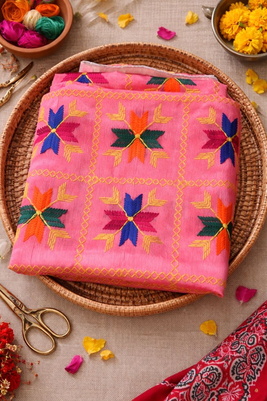 Pink Phulkari Embroidered Dupatta | Multicolour Indian Scarf