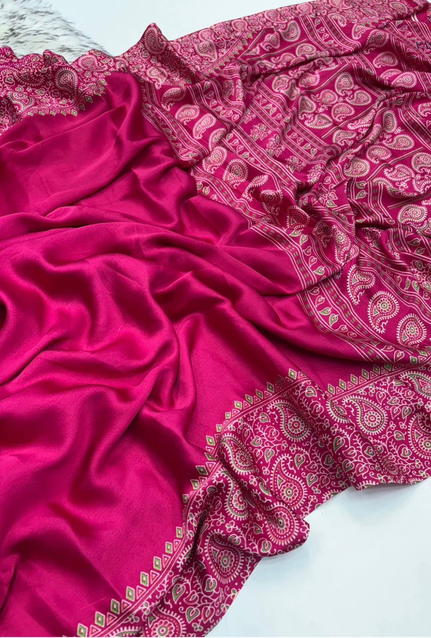 Pink Ajrakh modal silk saree with paisley border
